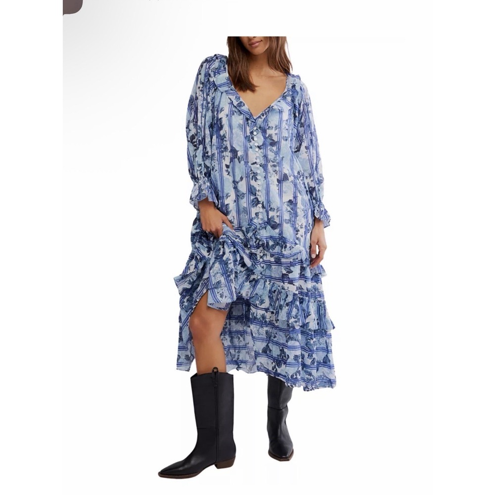 Free People Garden Wonders Floral Maxi Dress S Blue Flowy Boho Whimsy Oversized